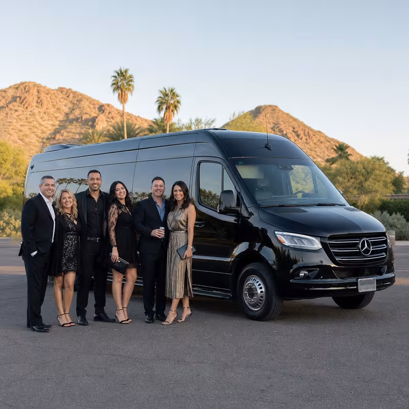 Group beside a Mercedes Sprinter limo from the Scottsdale fleet