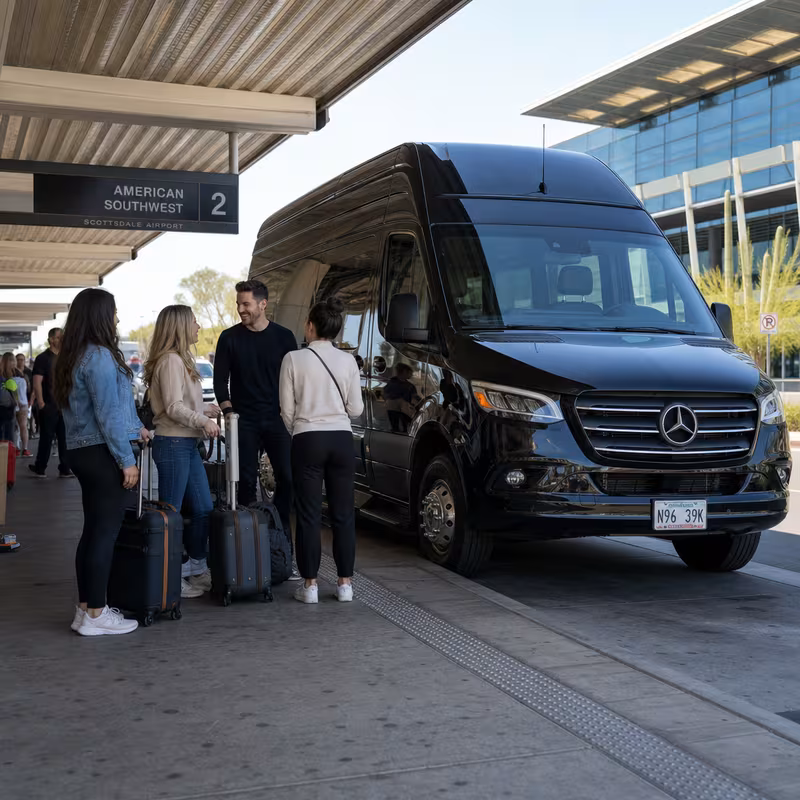 Group boarding a white charter bus for Airport Transportation transportation in Scottsdale