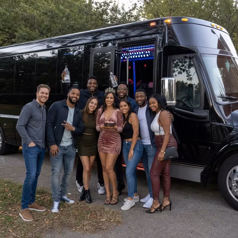 Party bus interior with wraparound leather seating and LED lighting in Scottsdale