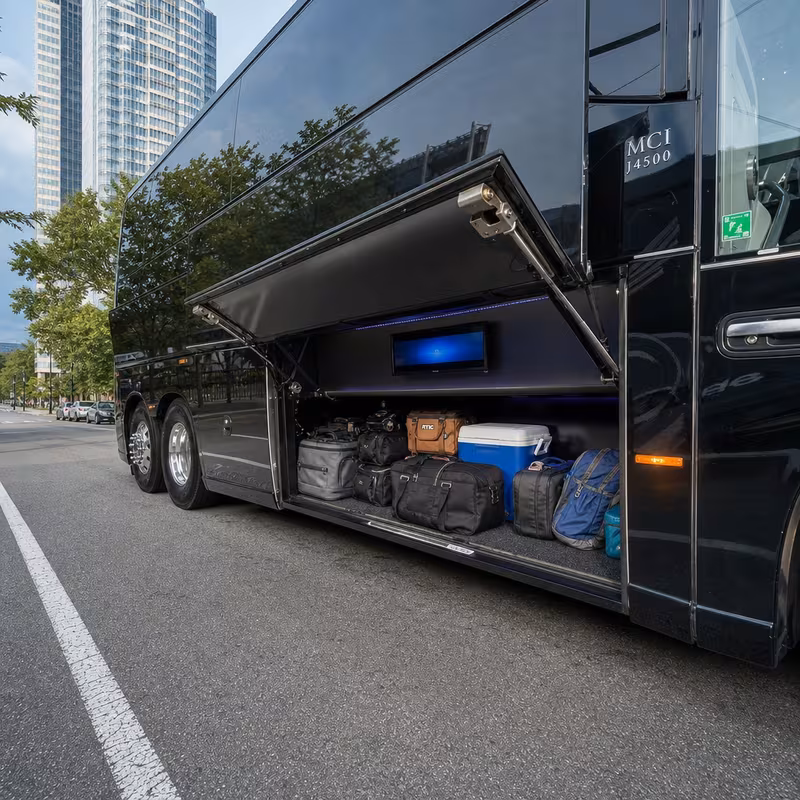 Party bus interior with wraparound leather seating and LED lighting in Scottsdale
