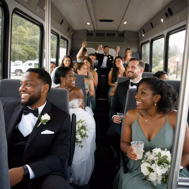 Group boarding a white charter bus for Wedding Transportation transportation in Scottsdale