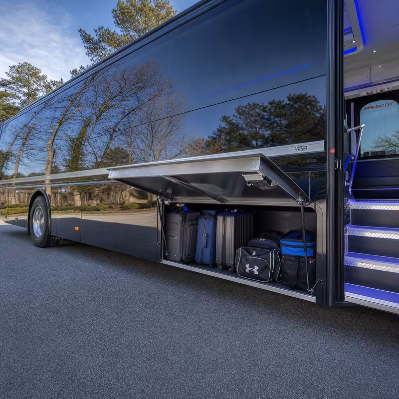 Party bus interior with wraparound leather seating and LED lighting in Scottsdale